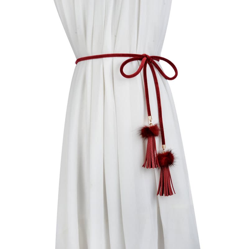 Corrente de cintura feminina cinto fino All-Match atado cintura corda doce bola de pele vestido decorativo com camisola