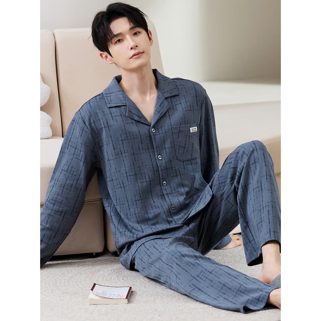 Pijamas masculinos de manga comprida algodão primavera outono inverno estilo influenciador tamanho grande pode usar fora