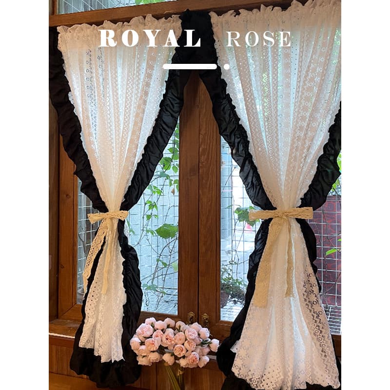 Francês preto Rococo Retro renda listrado cortina quarto Bay janela meia cortina estilo coreano estilo Pastoral porta co