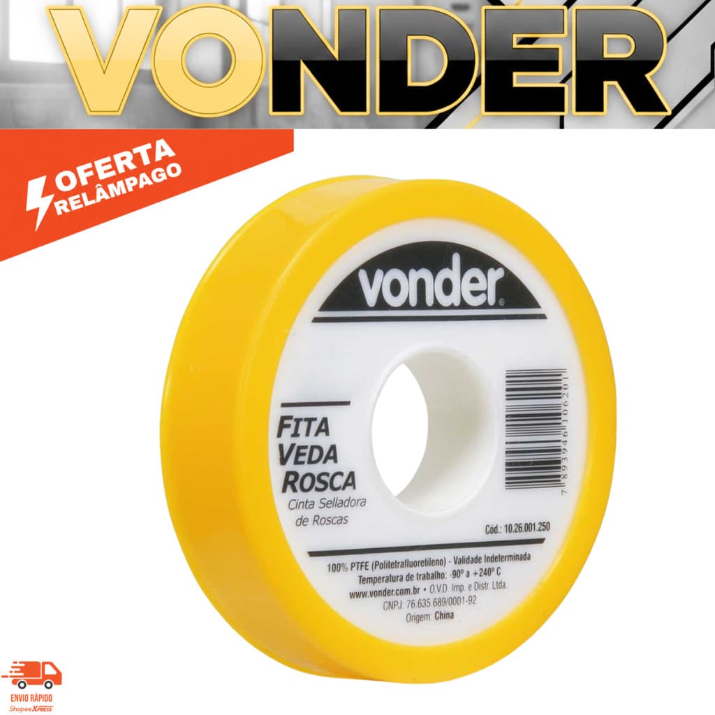 Fita Veda-Rosca 18 mm x 50 m VONDER 50 Metros Resistente Oferta Com Estojo Plástico