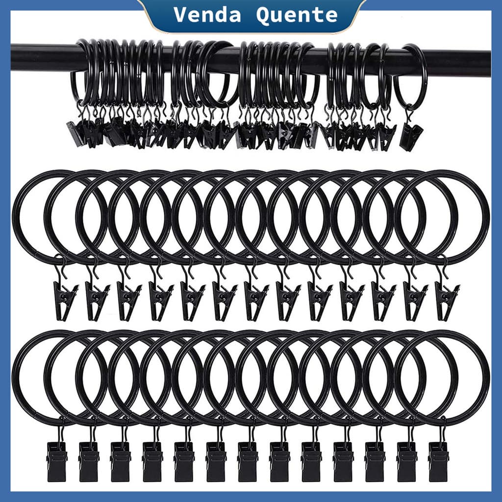 Argola de cortina preta (com clipe de 2 cm), pacote de 40, clipe de cortina de metal de 4,5 cm com abertura, preto