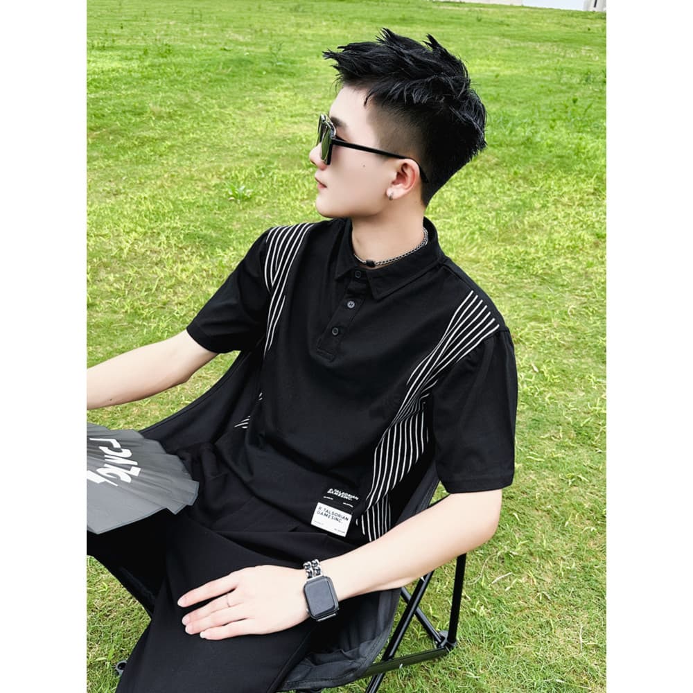 Camisa polo de manga curta com lapela listrada masculina verão Street Wear camiseta 2025 novo estilo Design costura roup