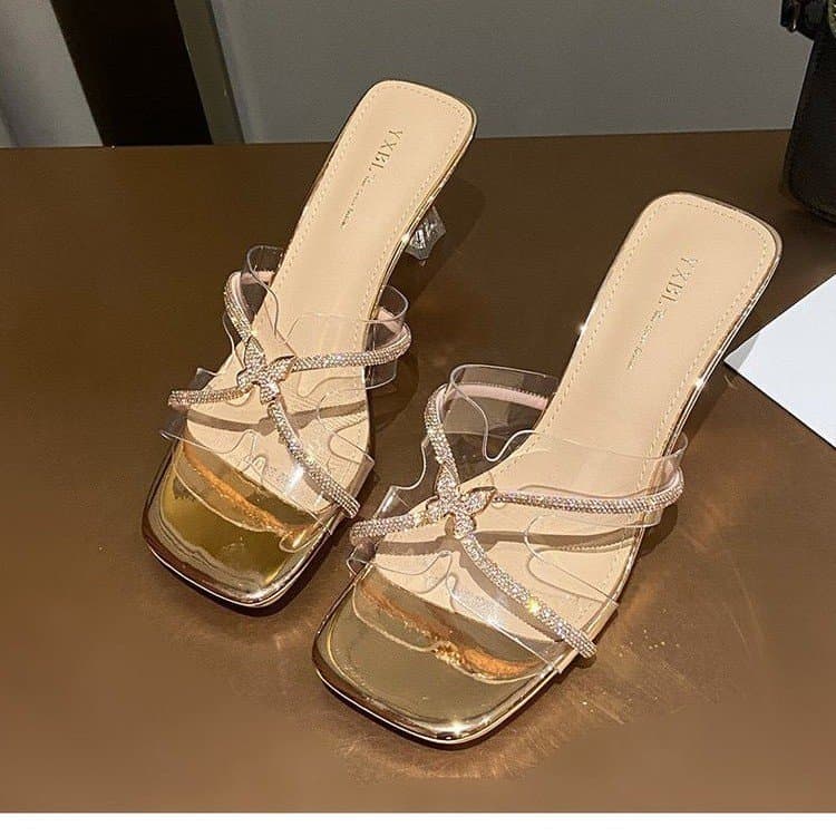 Sandálias de salto grosso com strass estilo fada, chinelos femininos de verão, roupa externa 206, novo estilo, lindo, du