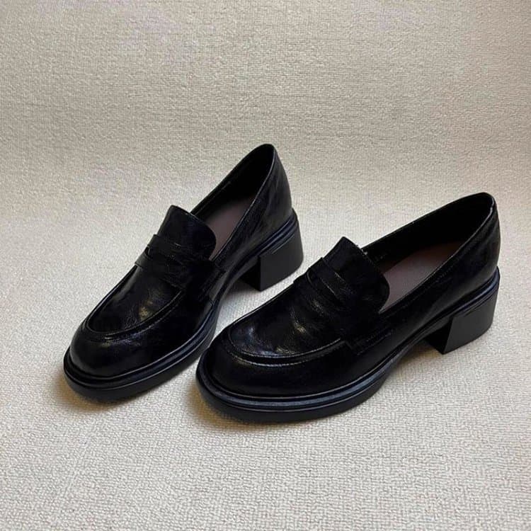 Retro Commuter dedo do pé redondo de sola grossa mocassins de salto grosso feminino preto preguiçoso sapatos elegantes p