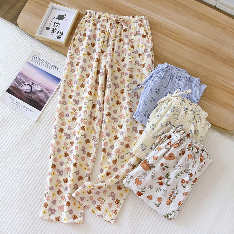 Calças de pijama femininas calças compridas primavera outono verão puro algodão dupla camada fio de algodão fino Casual