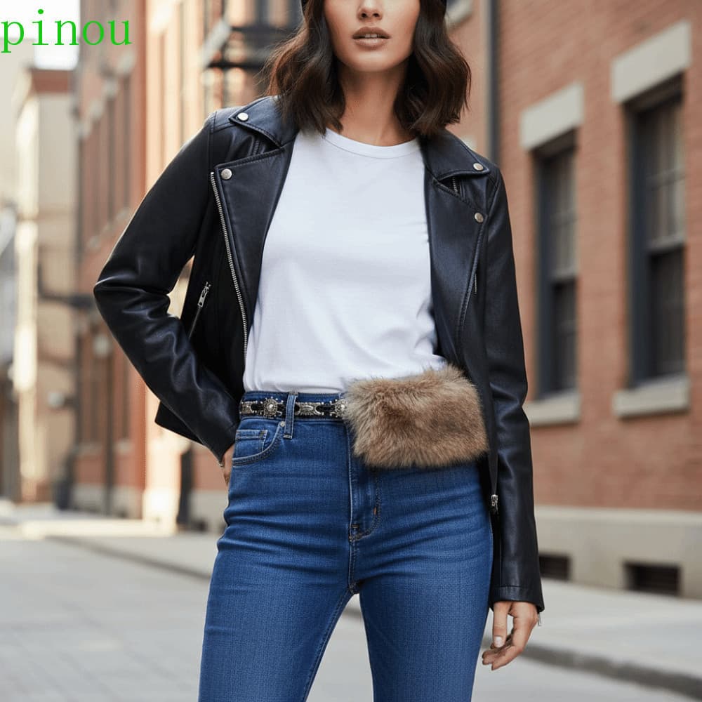 Cinto De Pele De Couro PINOU , Cintura Peluda Sintética PU , Estilo Menina Picante Versátil Jeans Decoração Pelúcia