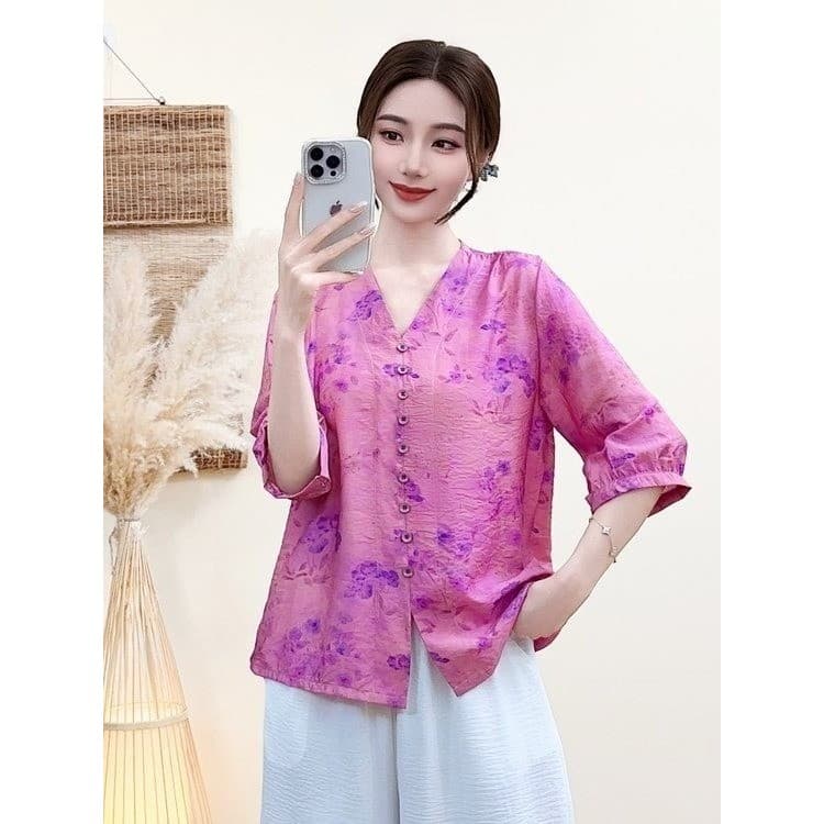 Verão 2026 novo estilo camisa impressa moda Retro camisa solta capa carne mãe fresca pequena camisa topo roupas feminina