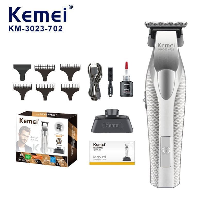 Maquina de Cortar Cabelo Turbo 9000 RPM Profissional Recarregável com Base Kemei KM-3023-702