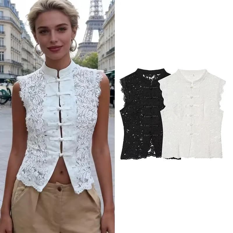 Colete Feminino de Renda com Botões, Novo 2026 Primavera Verão, Simples, Sem Mangas, Vazado, Camisola Feminina, Tops Ele