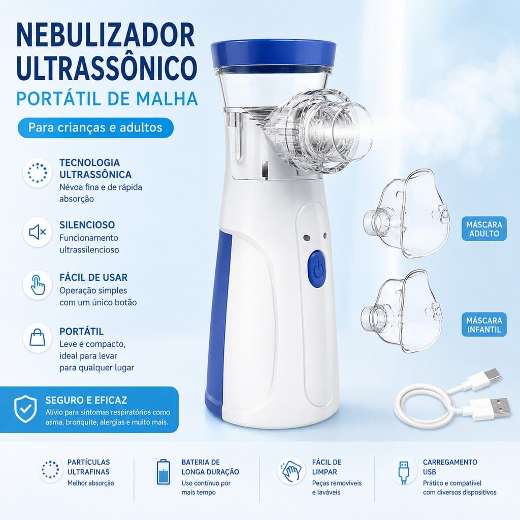 Nebulizador Portátil para Adultos e Crianças Silencioso com Máscaras USB