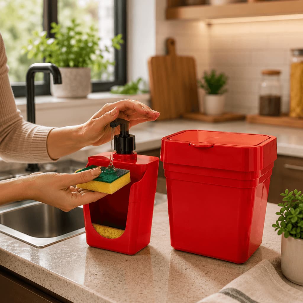 Kit Organizador Pia Dosador Porta Detergente Lixeira Cozinha Dispenser Sabão Líquido