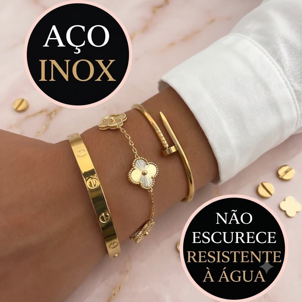 *OFERTA* Conjunto 3 Braceletes Aço inoxidável Dourado Acessórios Femininos Virginia Moda