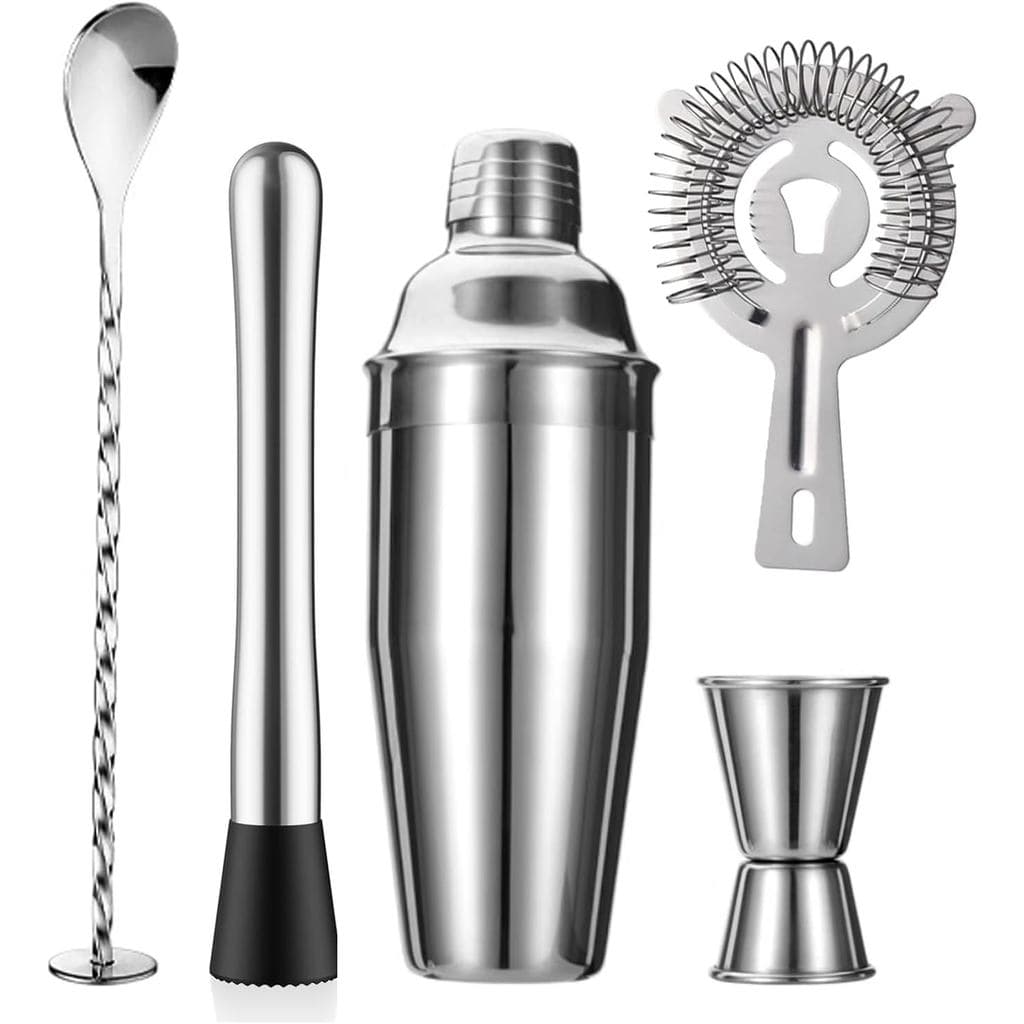 Conjunto de coqueteleira ZPUFAW de 5 peças: coqueteleira, coador, copo medidor, colher de mistura, bastão para mexer, co