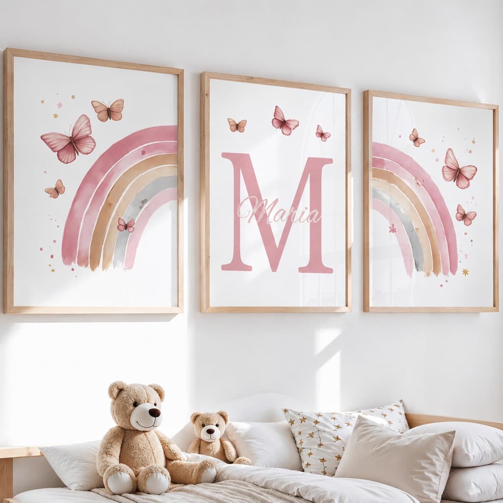 Quadro Decorativo Arco Iris Rosa Menina Borboleta Jardim Encantado Personalizado com Nome