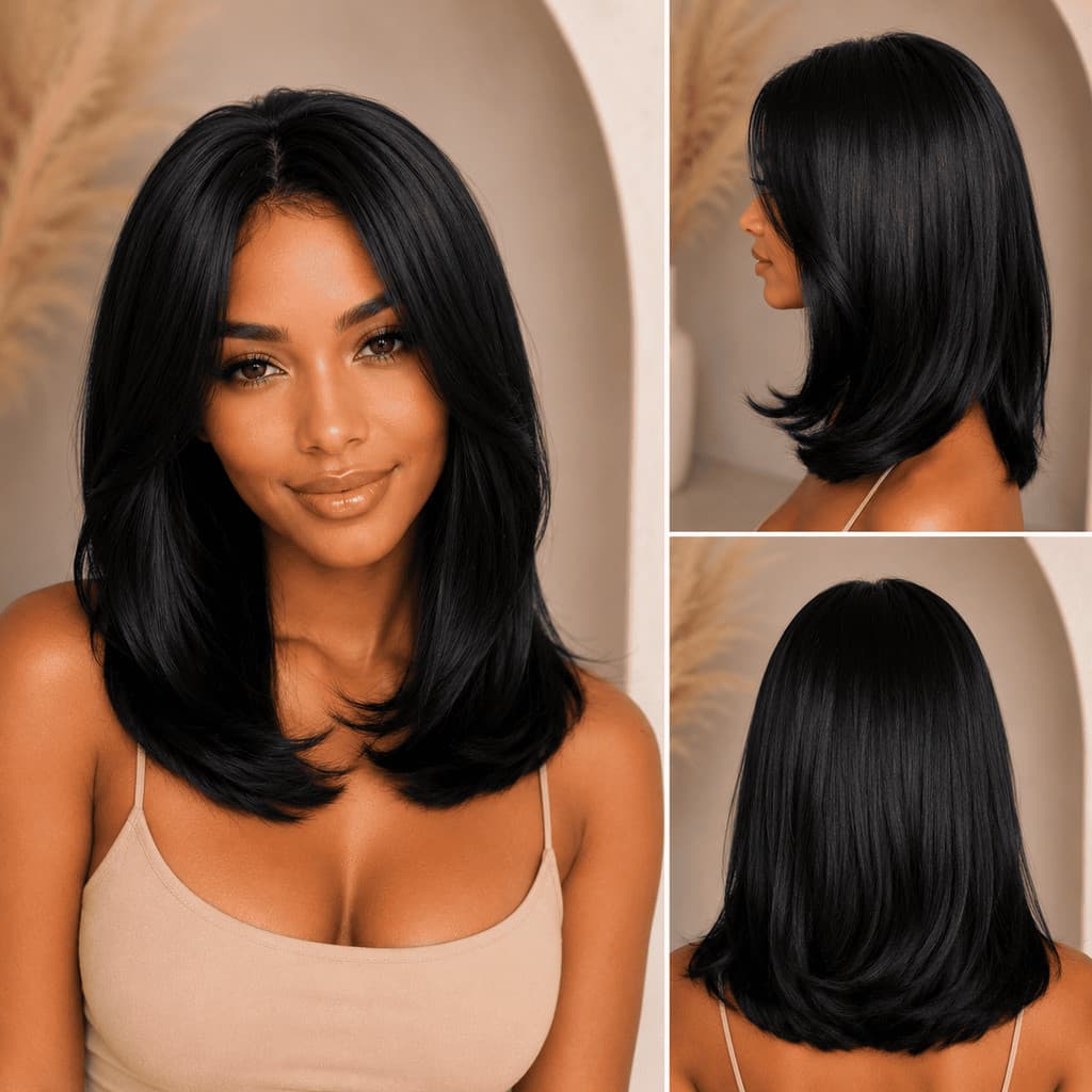 Peruca Curta  Lace Wig Bio Fibra Macia 40cm 160g Preto Escuro Top Hair RIANA-1#