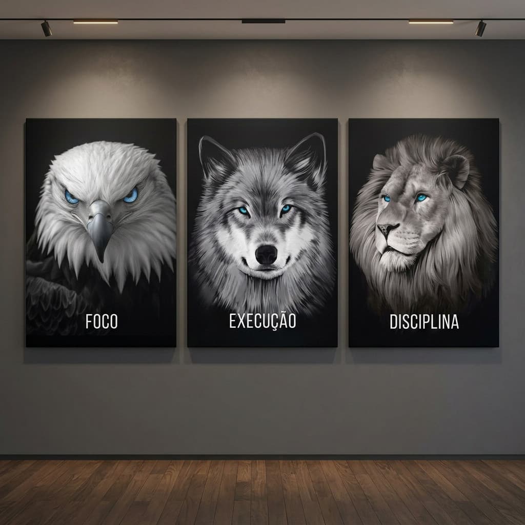 Quadros Decorativos Leão Águia Lobo Motivacional 3 Peças