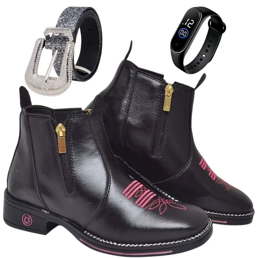 Kit Completo Feminino Bota Western Bordada Confortável Festa Country + Cinto Cowboy + Relógio Digital
