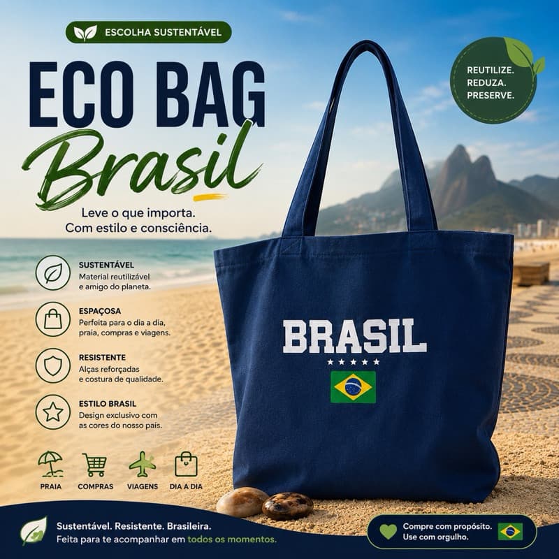 EcoBag Brasil Sarja Reforçada Grande Bolsa Ombro Praia Faculdade Trabalho | TOTEBAG | Várias Cores