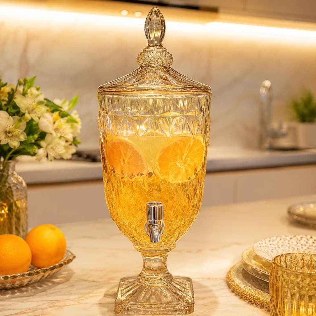 Suqueira Diamond 3L De Vidro Com Torneira Dourada Luxo Festa Casamento Mesa Posta Buffet