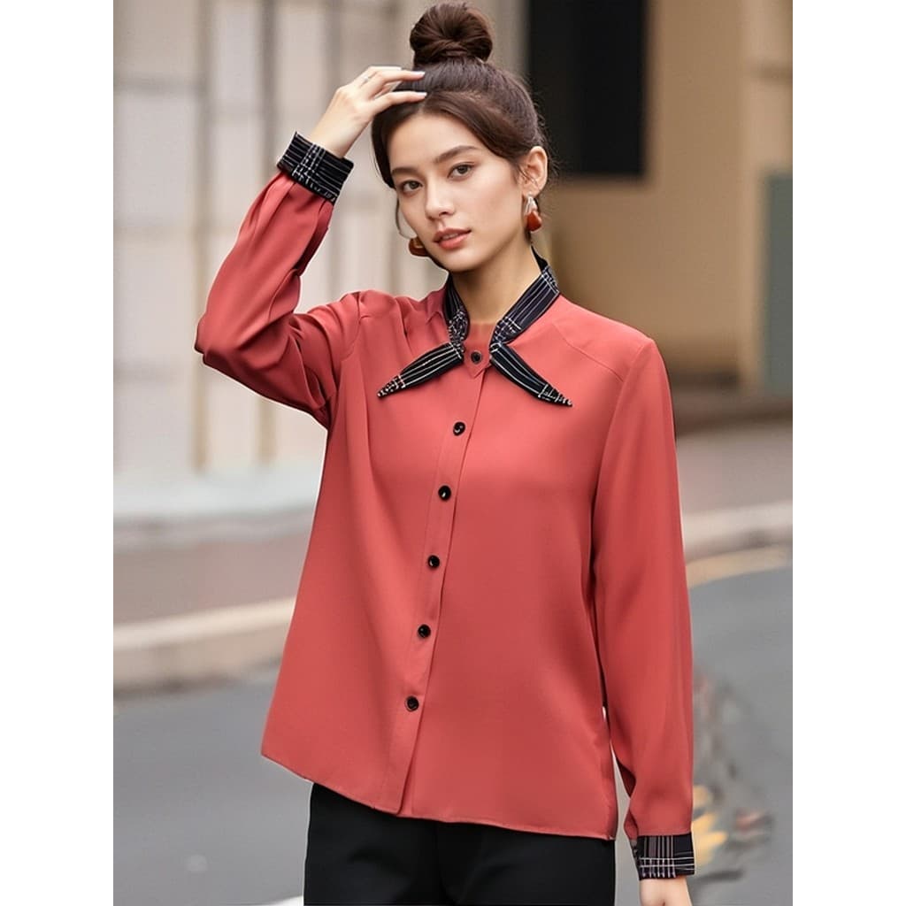 Lixin Desconto Feminino duas linhas marca série M desconto gabinete moda xadrez arco pescoço Chiffon camisa