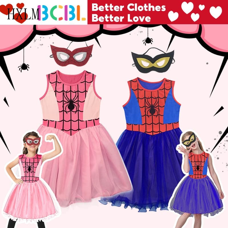 Vestido de Aranha para Meninas, Festa de Halloween, 3-9 Anos, Azul com Máscara para os Olhos, Cosplay de Princesa Tutu Y