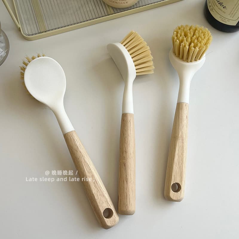 Simples alça de madeira maciça escova de pote de plástico ins coreano casa cozinha limpeza pote escova de lavagem antiad