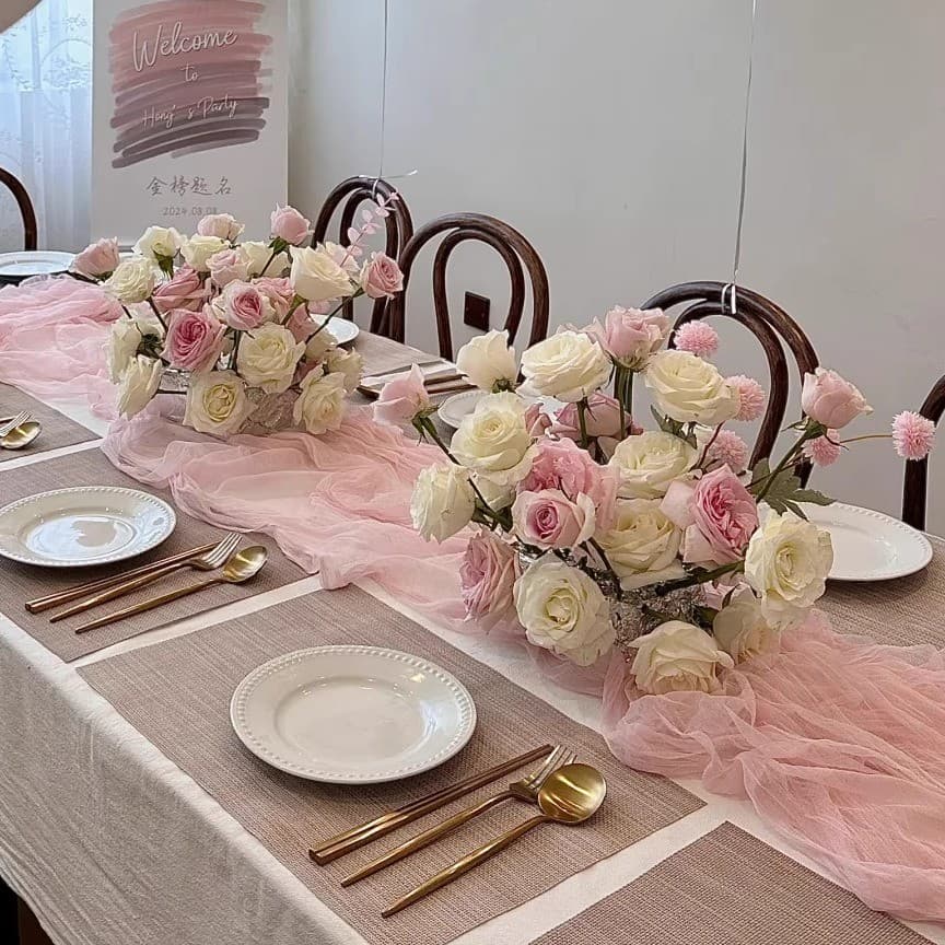 Corredor de mesa de renda francesa rosa Bali gaze pano enrugado comida ocidental aniversário sobremesa mesa ins decoraçã