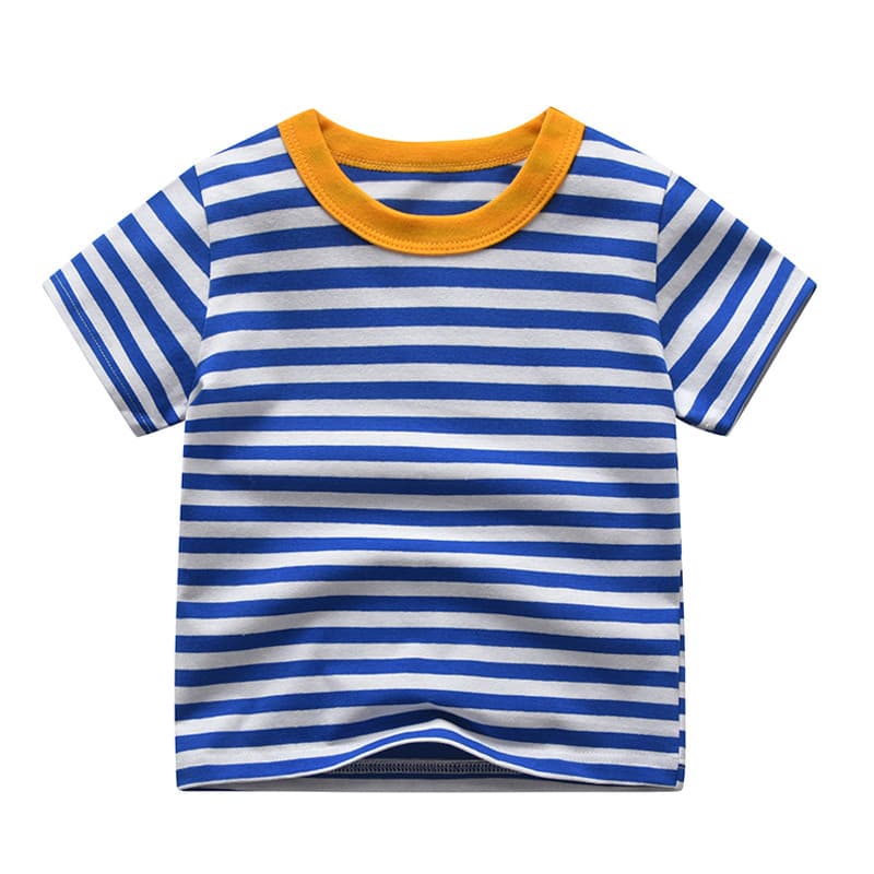 Versão coreana roupas infantis 2026 verão novo estilo meninos em torno do pescoço listrado de manga curta infantil puro