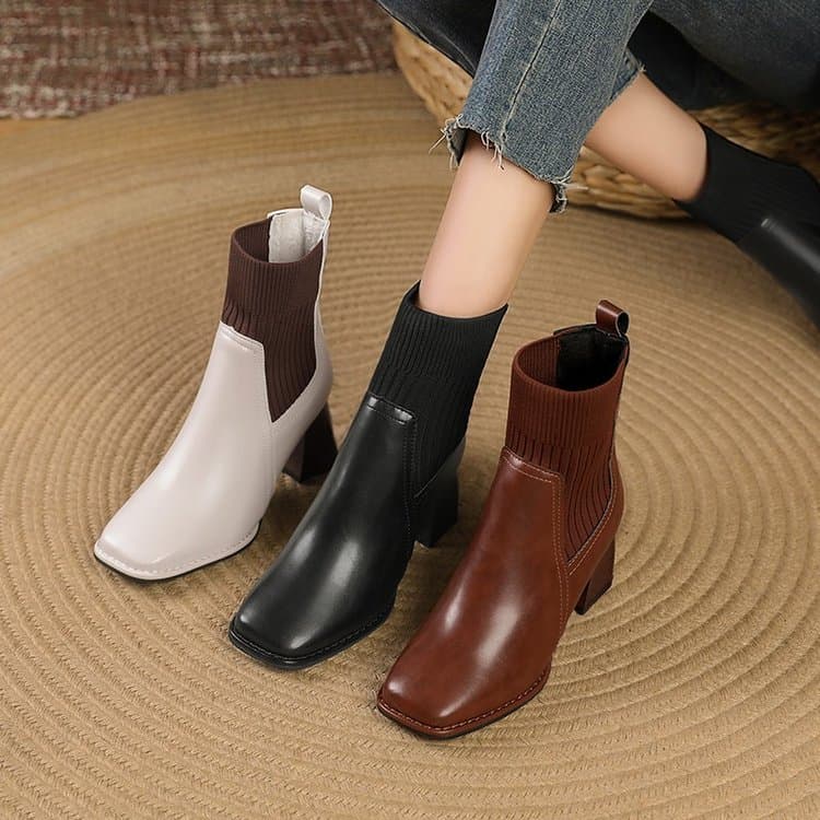 Francês outono inverno botas únicas femininas dedo do pé quadrado salto grosso sola macia malha lã fio fino botas estilo