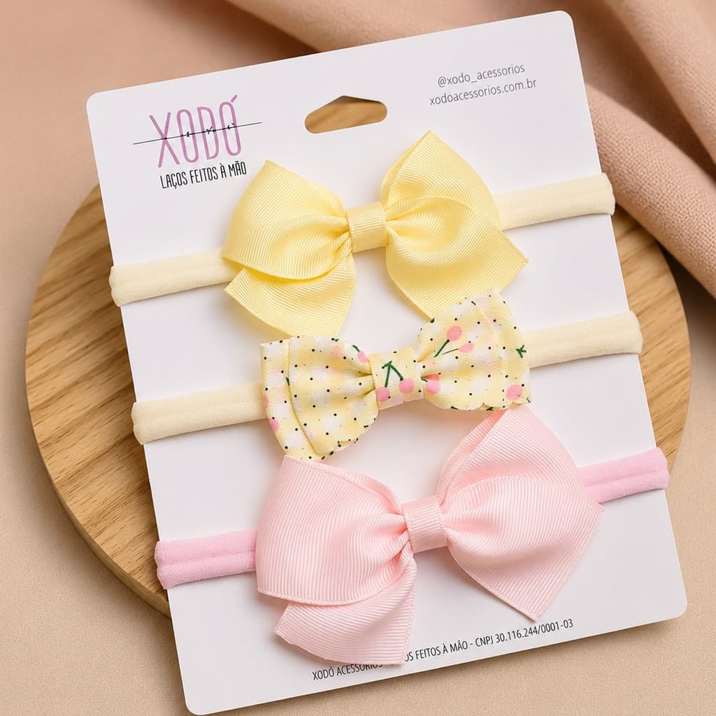 Kit 3 Faixas Bebê tiaras de meia de seda Confortável Elegante Leve Macio Premium Cereja Amarelo