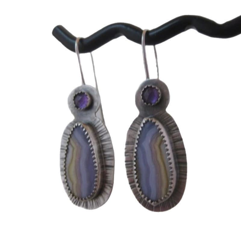 Brincos Elegantes e Únicos de Esmalte Listrado com Ametista, Brincos Geométricos Criativos em Forma de Gota para Mulhere