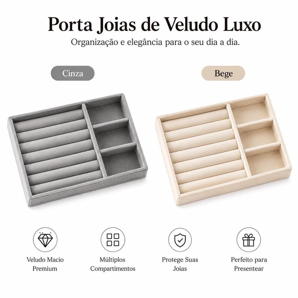 Organizador Porta Joias de Veludo Luxo com Compartimentos para Anéis Brincos Colares e Pulseiras
