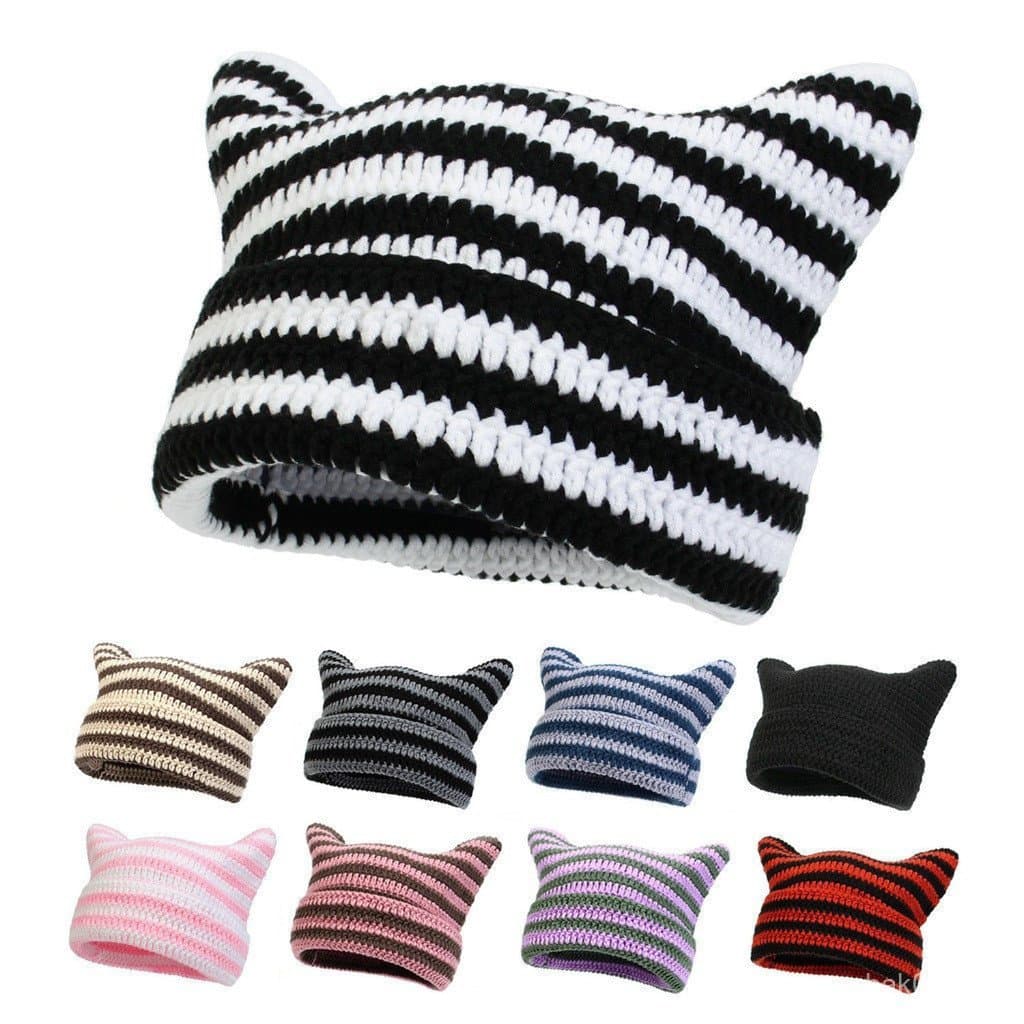Cute Cat Ears Beanie Hats for Women Winter Striped Korean Punk Gothic Y2K Wool Knitted Streetwear Handmade Crochet Bucke