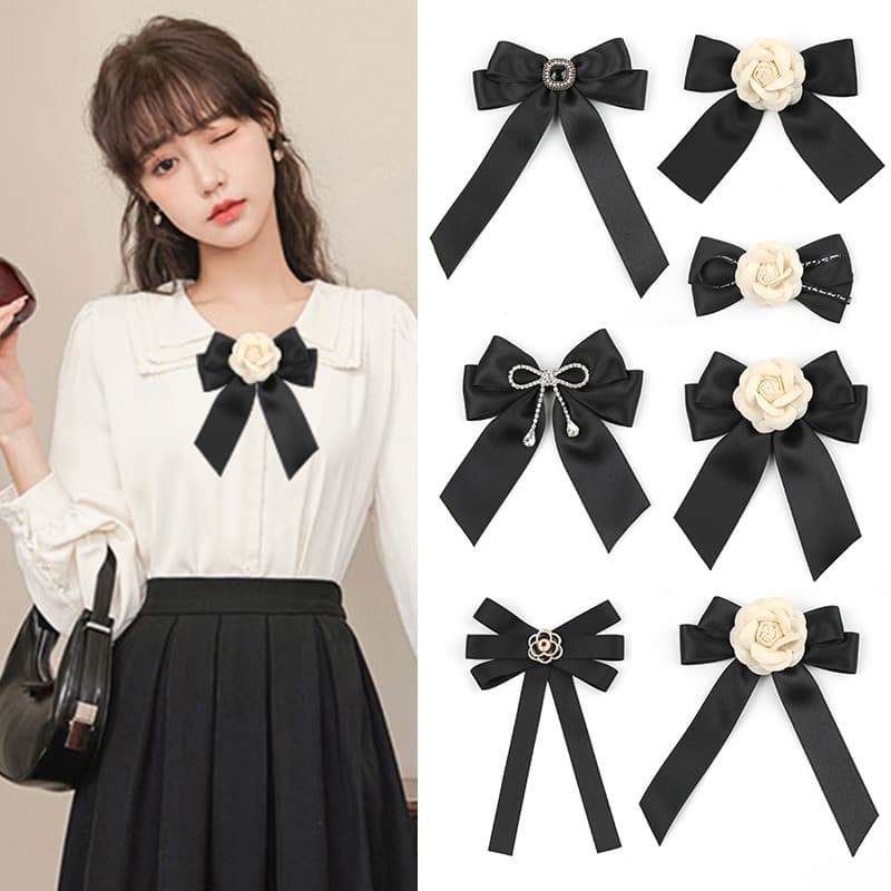 Gravata borboleta feminina preta camélia strass JK saia camisa arco decote acessórios Streamer pino colar flor