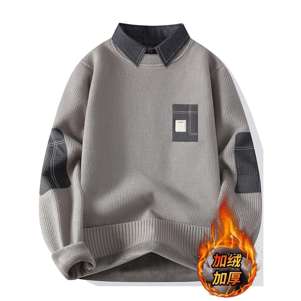 Camisola de lã estilo masculino camisa de inverno gola camisola de malha masculina falso camisa de fundo de duas peças j
