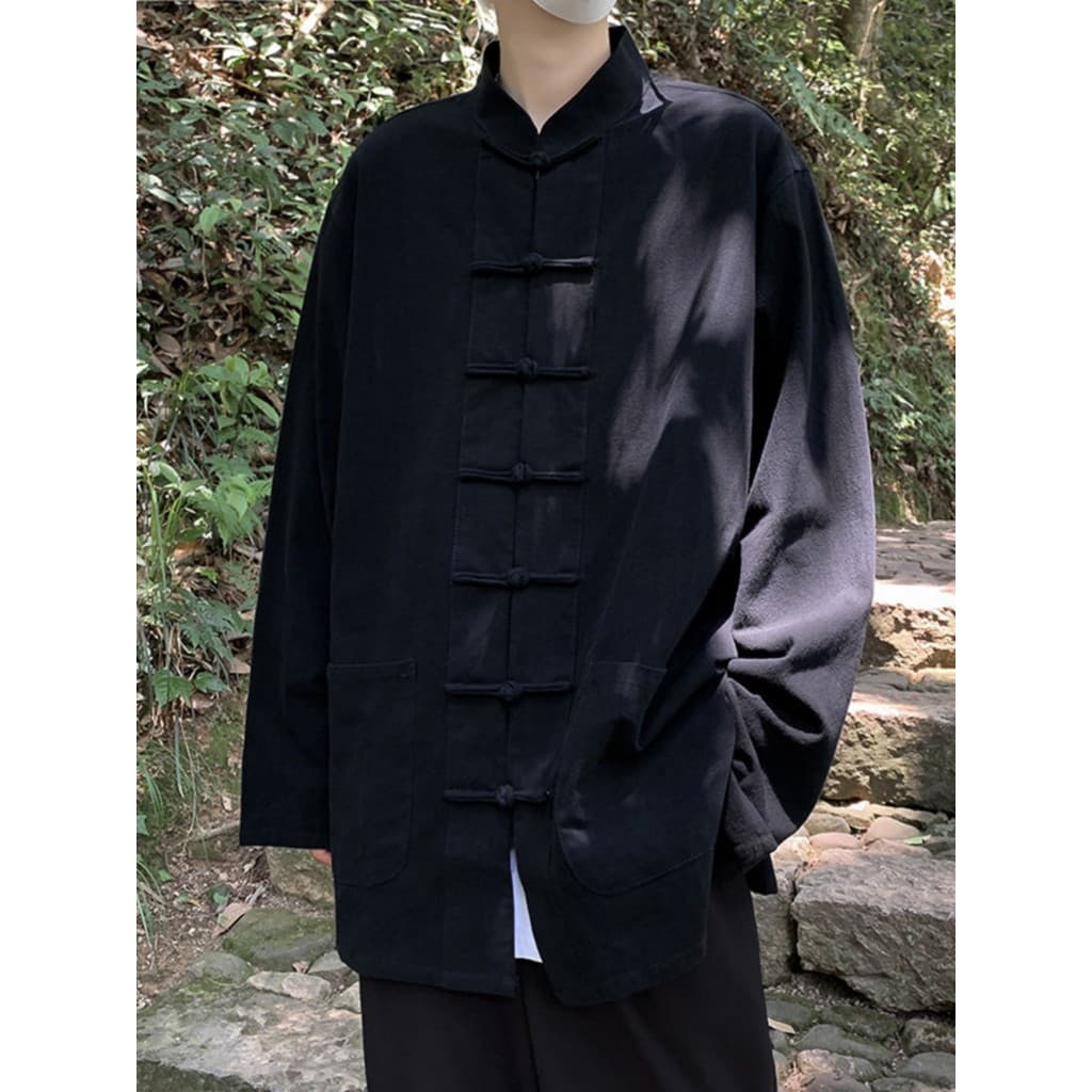 Novo estilo chinês fivela camisa de linho masculino de manga comprida estilo chinês casaco Hanfu Tang terno jaqueta mais