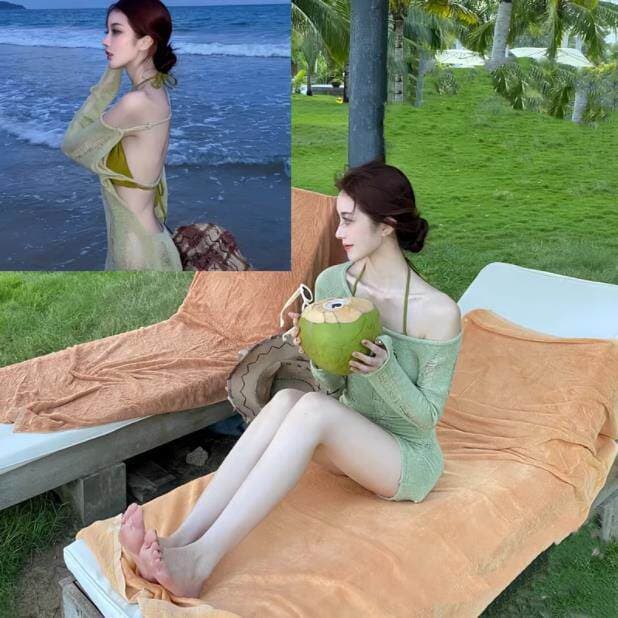 ◆DUDU DUDU◆Influenciador verde malha rasgado biquíni de manga comprida protetor solar blusa capa barriga seios pequenos