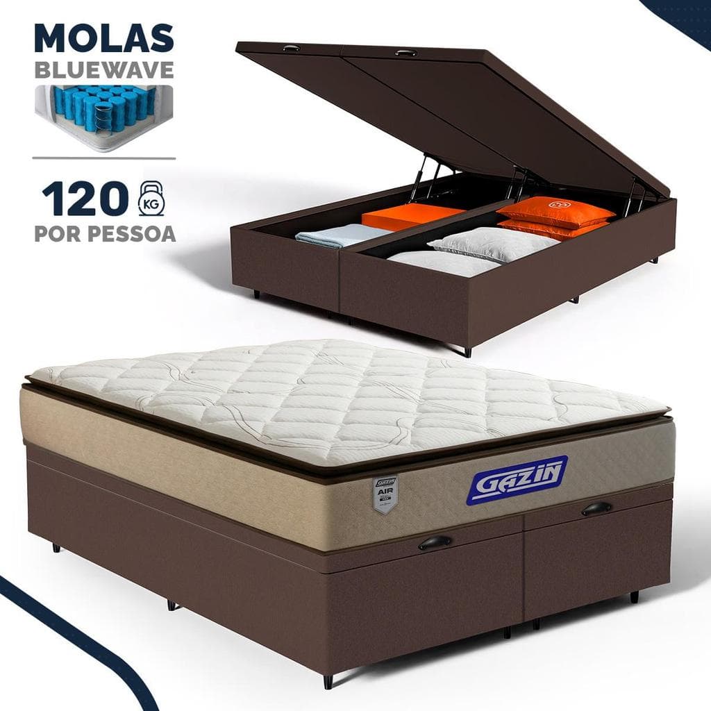Cama Box Baú com Colchão Gazin de Molas Ensacadas Pillow Top Air Pro Queen 158cm