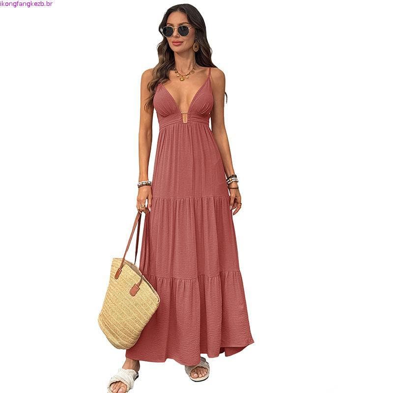 Vestido Maxi Feminino De Verão Dusty Rose 2026 | Decote Em V Profundo Cor Sólida Longo Elegante E Esvoaçante De Manga La