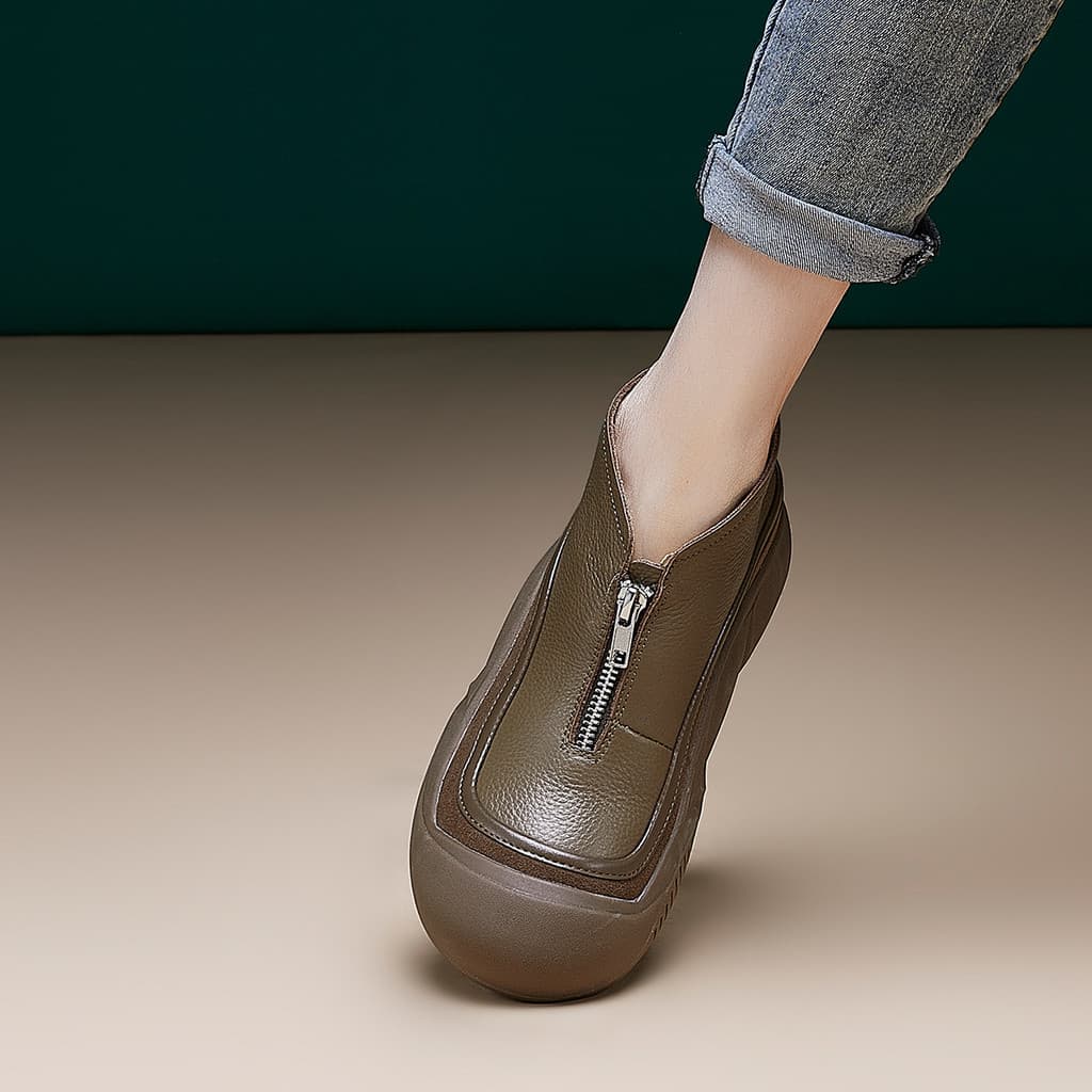 Camada superior de couro com cadarço, boca profunda, salto plano, bico redondo, sapatos casuais de inverno, novo estilo,