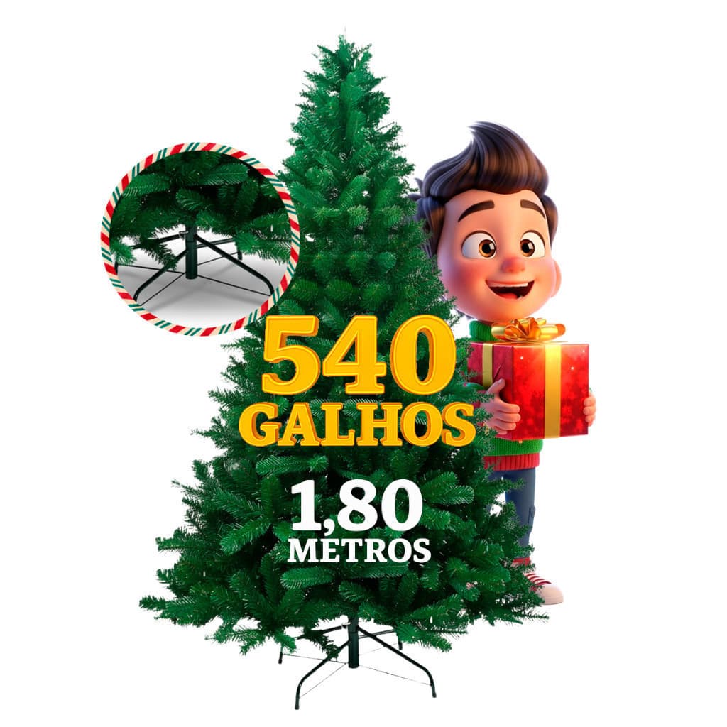Árvore De Natal Pinheiro Tradicional 1,80m 540 Galhos / Árvore Com Base de Metal e Galhos Cheios