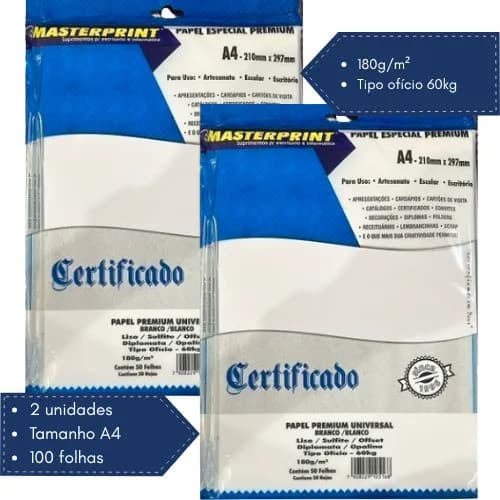 Kit c/ 2 Papel Branco Diplomata/Liso/Offset 180g/m² A4 – 50 folhas