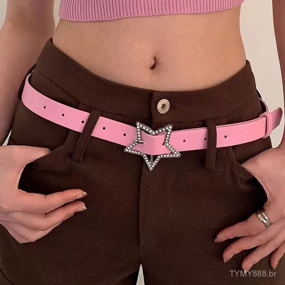 Cinto de couro PU com fivela em formato de estrela estilo Y2K, acessório de cintura feminino com strass brilhantes.