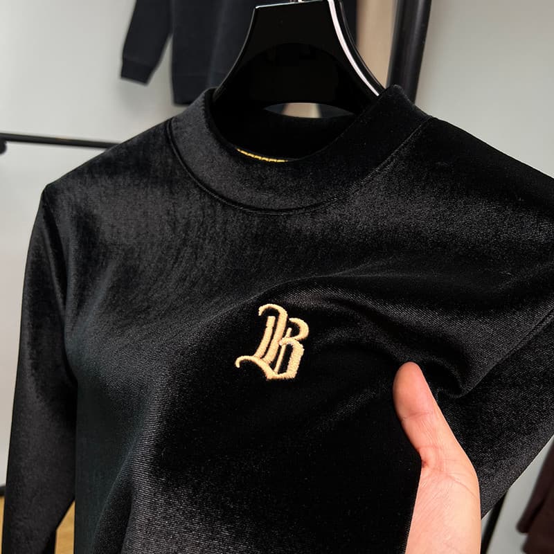 High-End ouro veludo mais veludo engrossado moletom masculino gola média outono inverno quente camisa de fundo masculino
