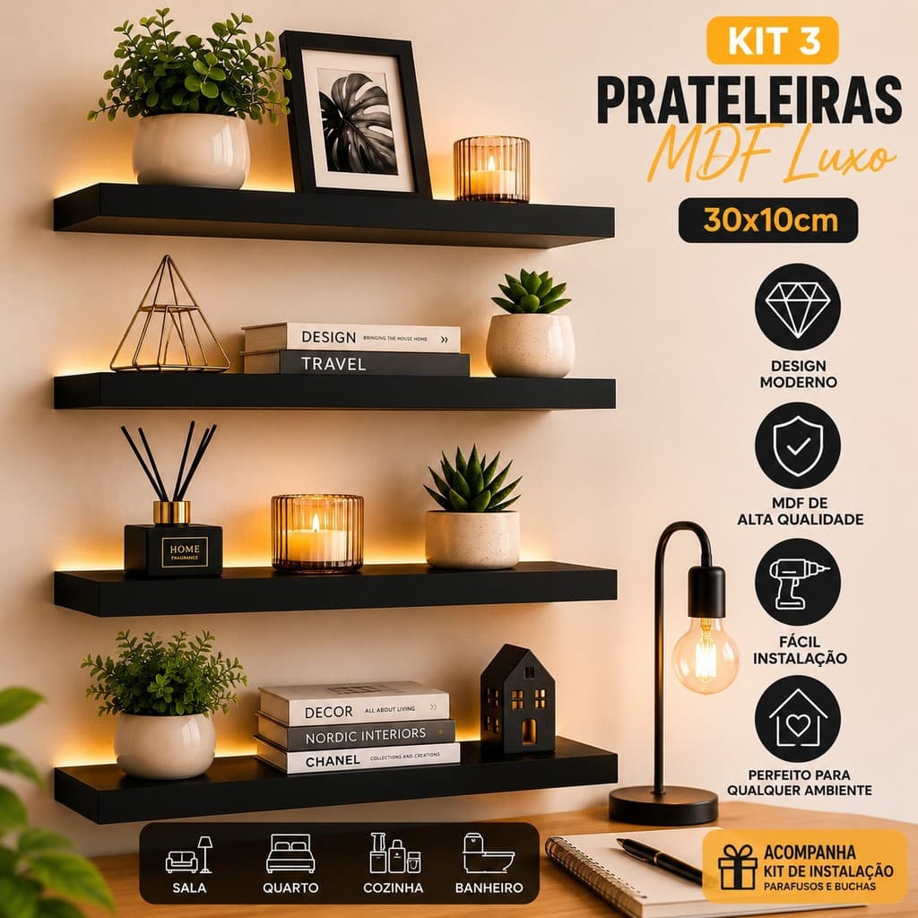 Kit 4 Prateleiras 30x10cm MDF Luxo – Nichos Decorativos para Sala, Cozinha, e Quarto com Kit de Instalação