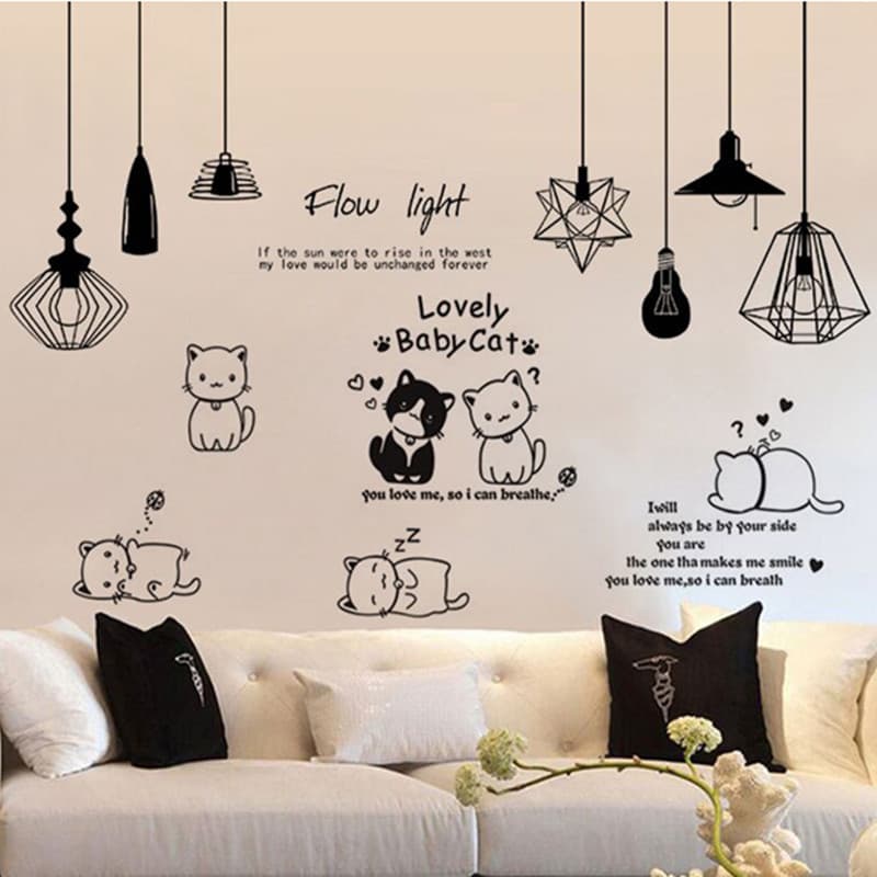 Criativo preto branco nórdico ins adesivos de parede quarto dormitório decoração única restaurante adesivos lustre gatin