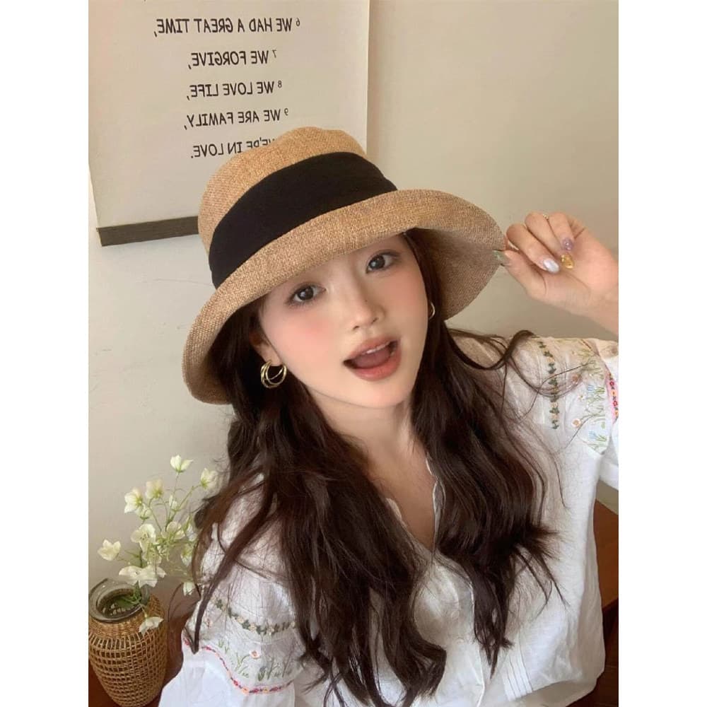 Chapéu feminino estilo 2026 novo estilo algodão linho balde chapéu de sol férias ao ar livre verão grande borda chapéu d