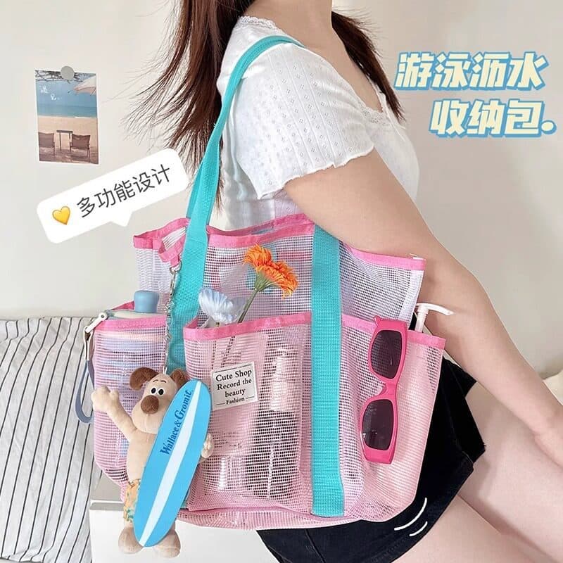 Bolsa de malha para natação, bolsa de armazenamento para lavagem, separação seca e molhada, à prova d'água, grande capac