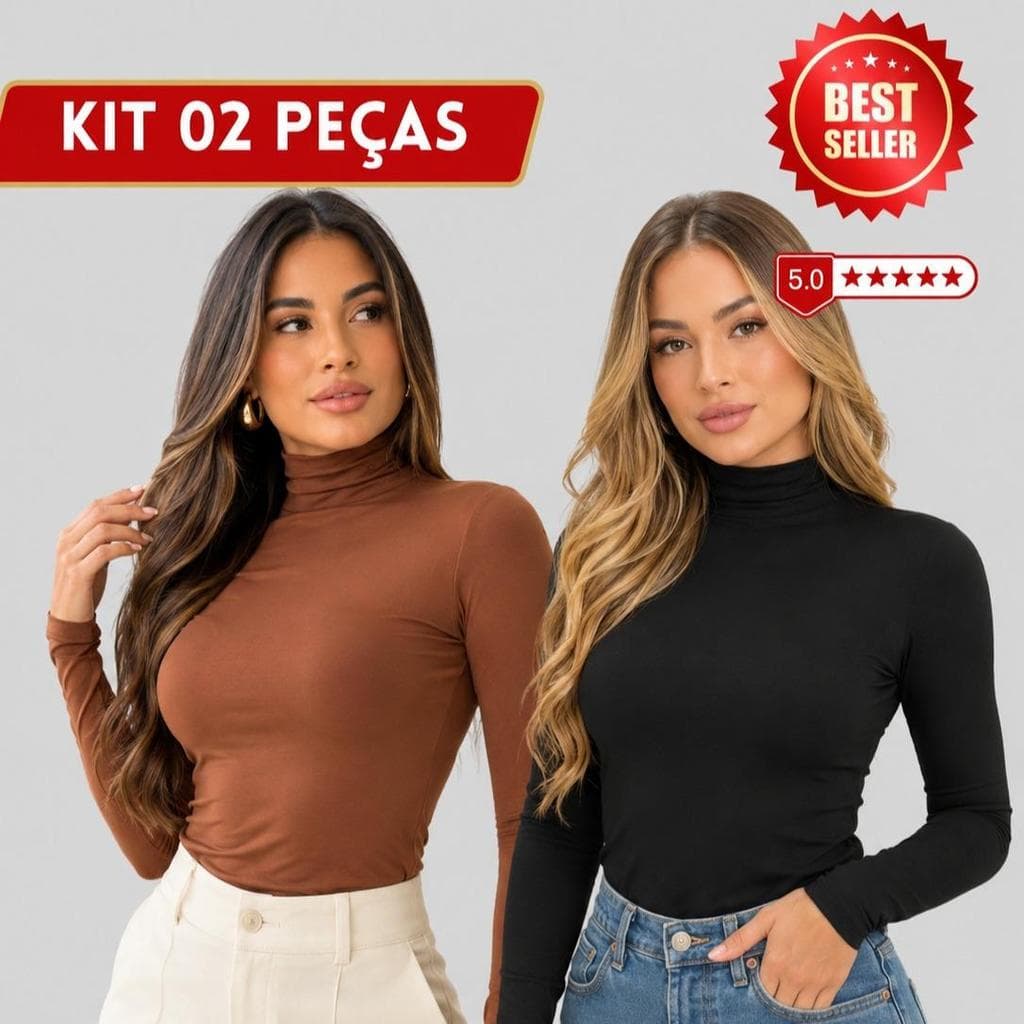 Kit 2 Peças Blusa Feminina Gola Alta Manga Longa Segunda Pele Inverno