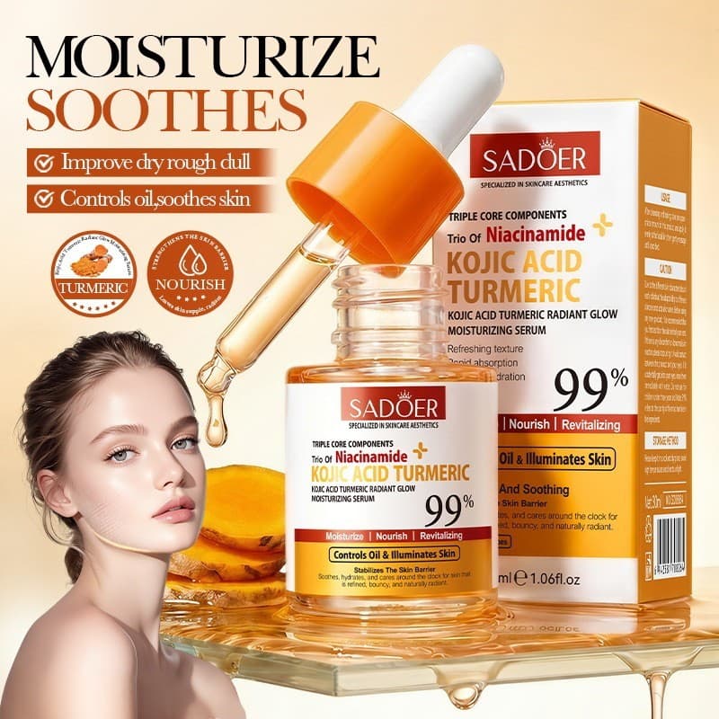SADOER Ácido Kójico Cúrcuma Essência Hidratante Iluminadora Radiante, Loção Nutritiva Iluminadora para Cuidados com a Pe